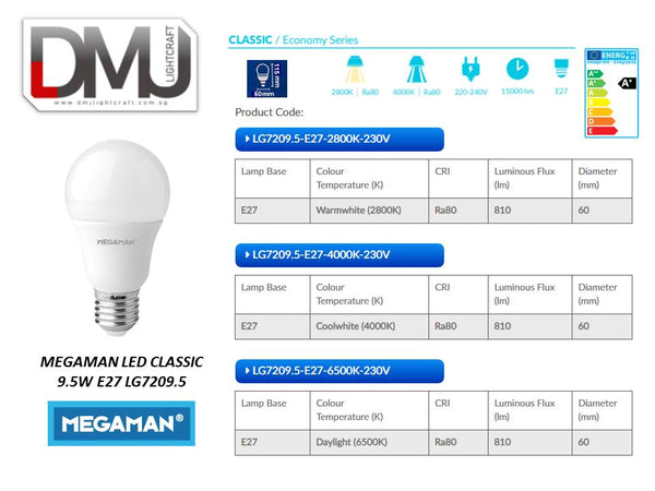 MEGAMAN LED CLASSIC A60 9.5W E27 LG7209.5
